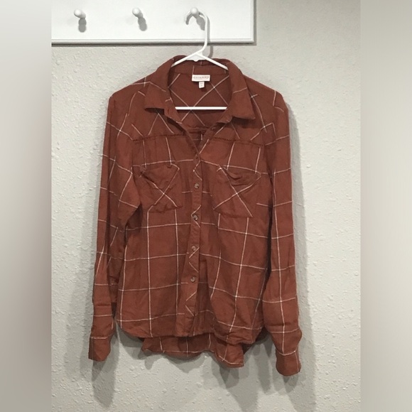 Shyanne Women’s Burnt Orange Plaid Flannel Shirt M Long Sleeve Ladder Lace Trim - Picture 6 of 6